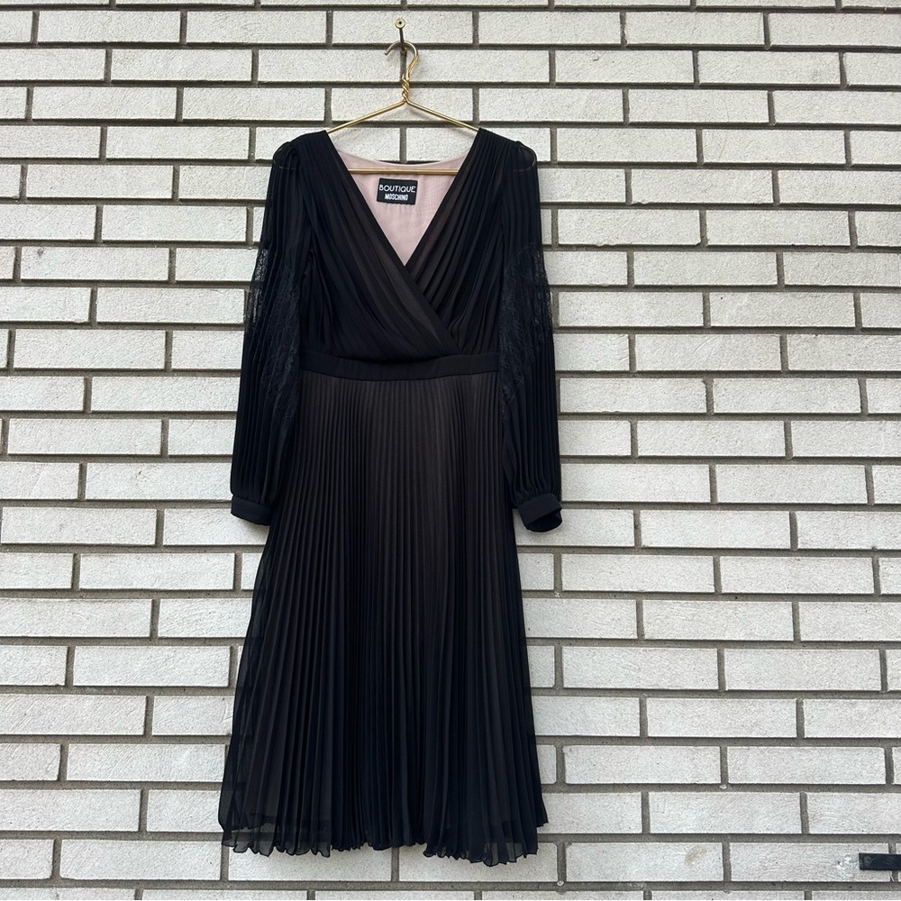 Moschino Boutique Black Pleated‎ Chiffon Midi Dress Lace Sleeve Wrap Elegant 8